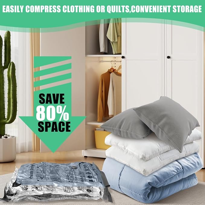 10 Pack Vacuum Storage Bags, Space Saver Bags, Compression for Comforters and Blankets, Sealer Clothes Storage with Hand Pump
