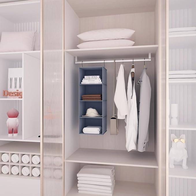 Hanging Closet Organizer, Easy Mount Foldable 4-Shelf Hanging Closet Wardrobe Storage Shelves, Clothes Handbag Shoes Accessor