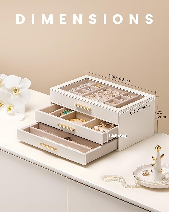 Lolalet Jewelry Box Organizer, 3-Layer Jewelry Organizers and Storage Case with Glass Lid, Ring Earring Bracelet Necklace Hol