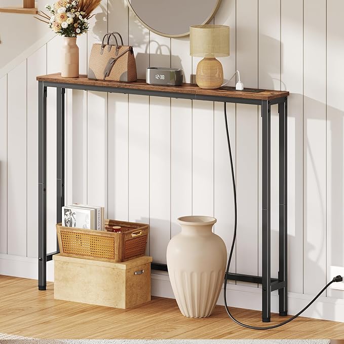 HOOBRO Floating Shelves and Console Table Bundle, 15 Inch Wall Shelf Set of 2, 39.4 Inch Narrow Entryway Table with Power Out