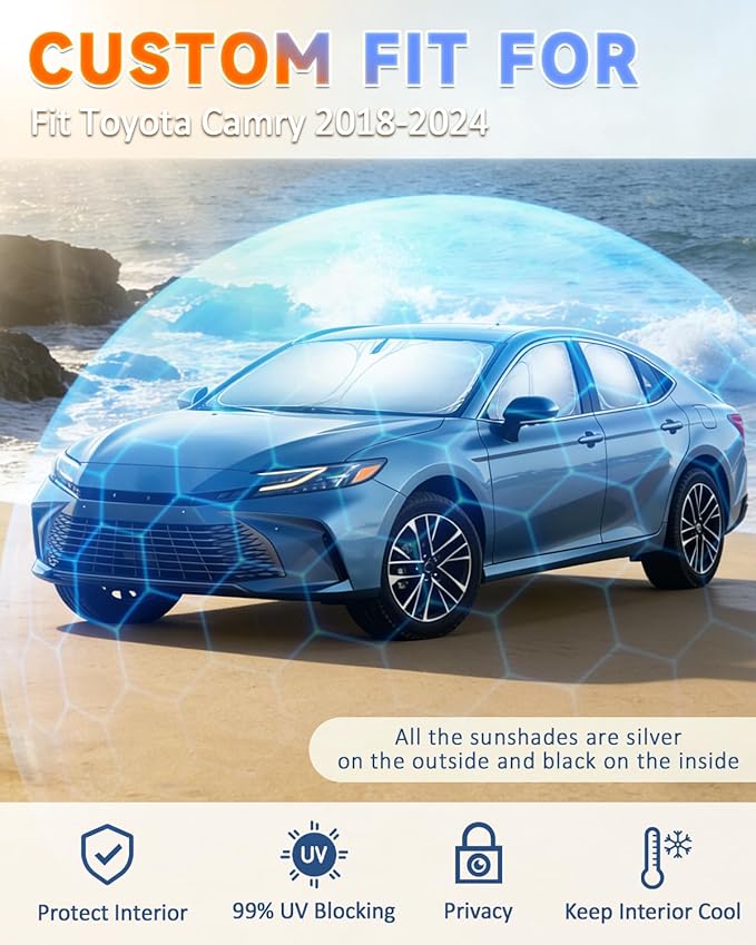 Sun Shades for Toyota Camry 2018-2024 Windshield Sunshade Accessories Full Window Shades for Camry Front Rear Side Window Covers Fixed with Inserts Sun Visor Blocker Privacy Car Keep Car Cool 6 PCS