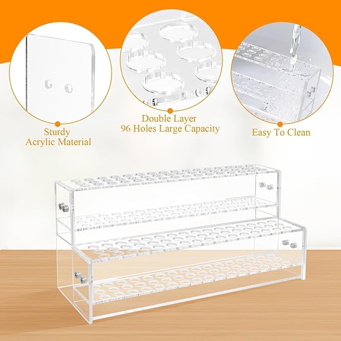96-Slots Pen Display Stand,2-Tier Acrylic Pen Holder for Craft Shows,12mm Beadable Pens Stand Paint Brush Holder Pencil Organ