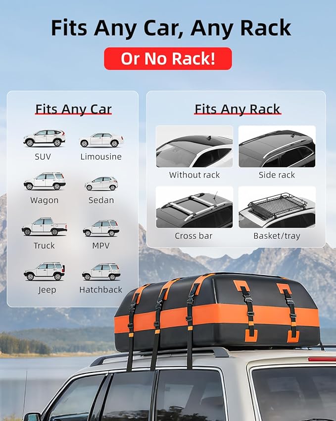 Abahub 30 Cubic Feet Waterproof 840D Large Universal Car Cargo Roof Top Carrier Bag, Car Roof Topper Storage for SUV, Van, Vehicle Travel, for All Cars with/Without Rack