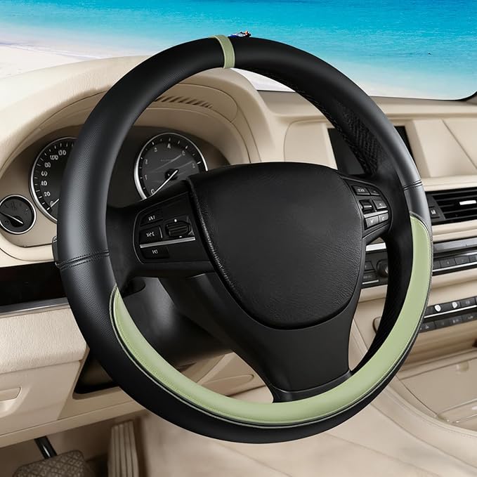 Black Avocado Green Car Steering Wheel Cover, Nappa Leather, Bottom Color Blocking, Universal 14.5-15 Inch Leather Anti-Slip 