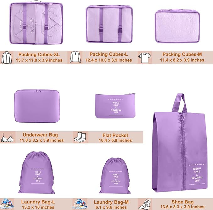 Packing Cubes for Travel - 8 Set Luggage Organizer Bags for Family, Mesh Breathable Packing Cubes for Suitcases Durable Trave