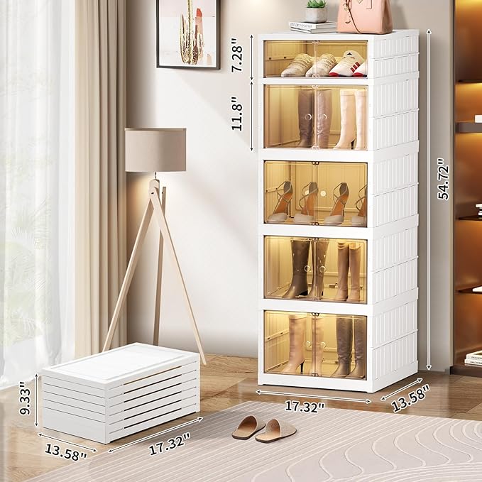 CIMLORD 5-Tier Foldable Shoe Rack Organizer for Closet 10Pairs Plastic Collapsible Shoes Storage Box Clear Shoe Boxes Stackab