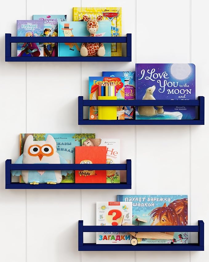 Forbena Navy Blue Floating Book Shelves for Nursery Boy, Decorative Wall Bookshelf for Kids Room, Small Wood Floating Shelves