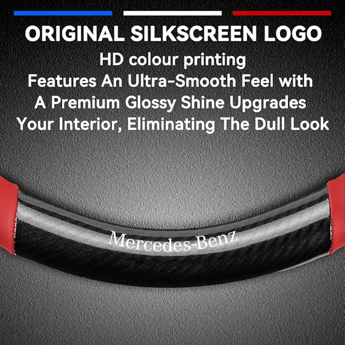 Customized Steering Wheel Cover Compatible with Mercedes-Benz, Premium Nappa Leather&Bright Carbon Fiber Texture Steering Wheel Cover, with Coasters and 3-in-1 USB Fast Charging Cable (Red)