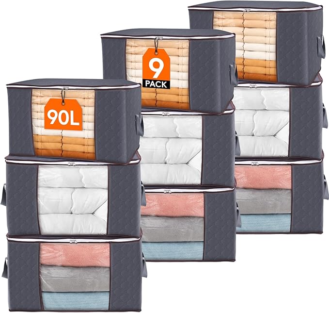 Lifewit 9 Pack 90L Clothes Storage Bins with Lids, Foldable Blanket Storage Bags with Zippers, Clear Window and Reinforced Ha