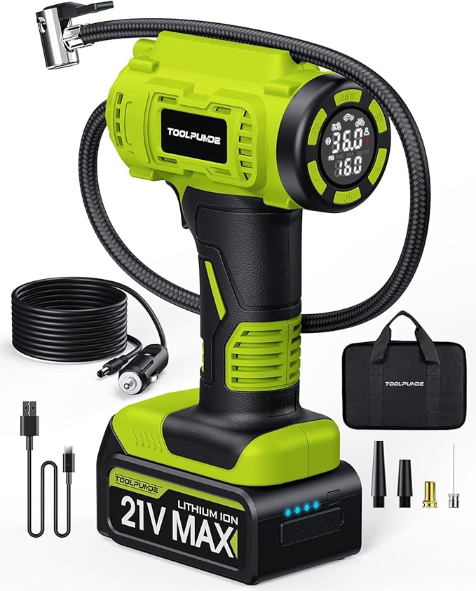 Upgraded Tire Inflator Portable Air Compressor, 5X Faster Inflation, 21V Rechargeable Battery Powered Car Tire Pump w/12V DC Adapter, Large LED HD Display, Air Pump for Car Tires