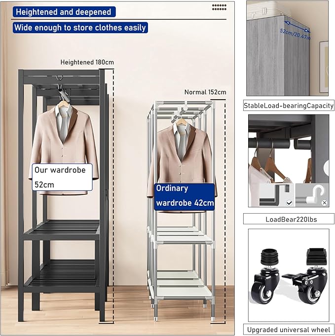 Heavy Duty Clothes Rack with Magnetic Door, Load 1500lbs, Foldable Portable Wardrobe Closet, Hanging Clothing metal Garment R