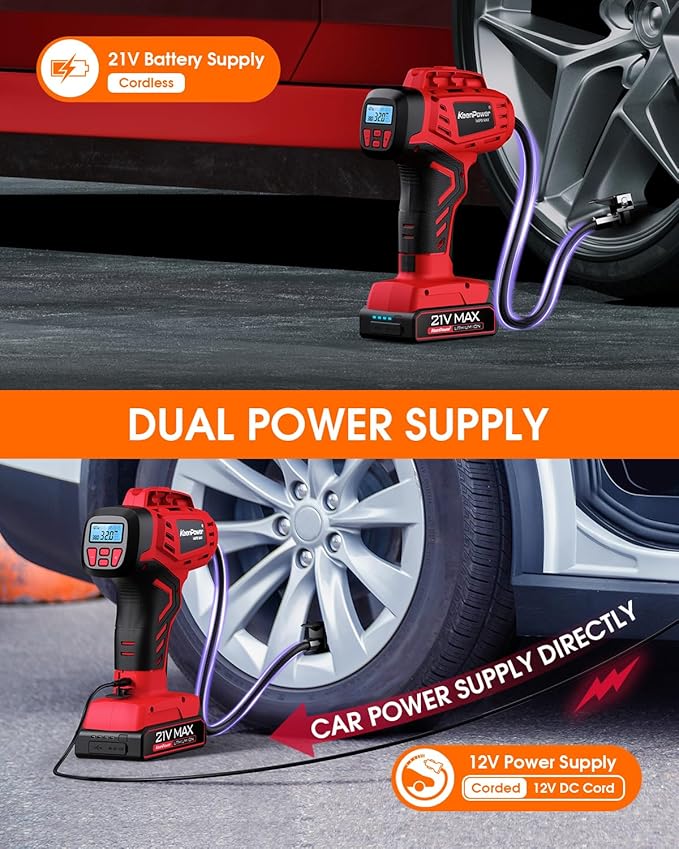 KeenPower Digital Cordless Tire Inflator Portable Air Compressor Automatic 160PSI w/Gauge Screen & 4+N Smart Mode & Dual Power Supply, Rechargeable 21V Battery Powered Handheld Air Pump, Car Tire Pump