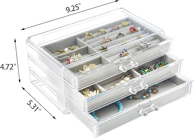 Weiai Acrylic Jewelry Box 3 Drawers, Velvet Jewellery Organizer, Earring Rings Necklaces Bracelets Display Case Gift for Wome