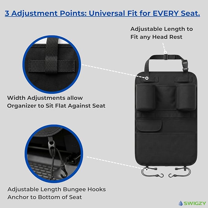 Premium Seat Back Organizer & Kick Mat Protector with Large Water Bottle Holders - Cordura Nylon Auto Storage - Laptop Pocket & Sag-Free Adjustable Fit