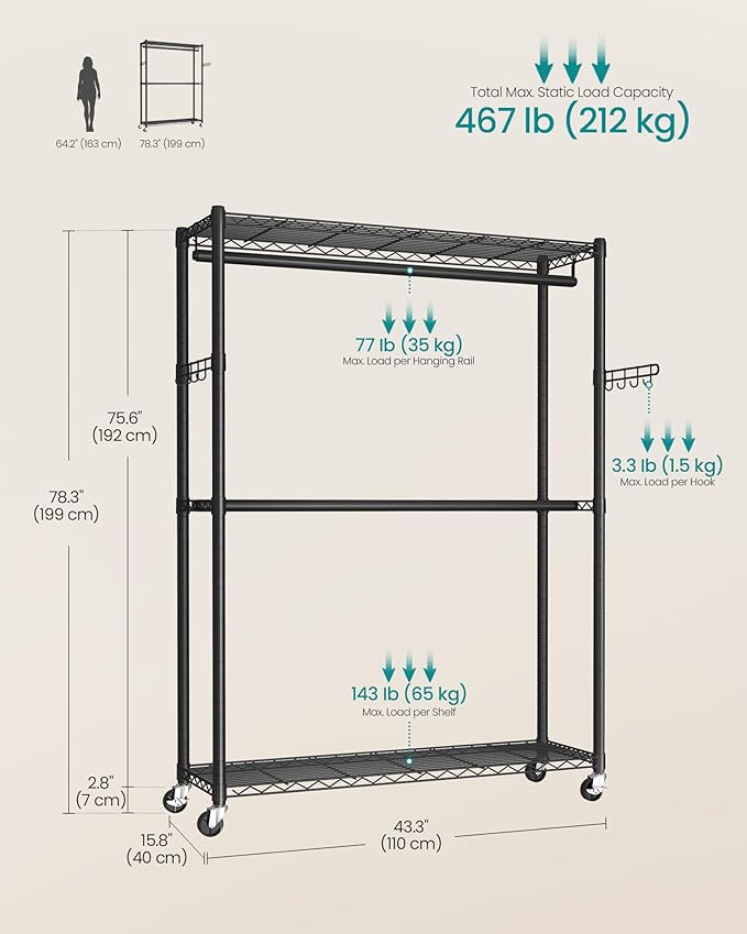 SONGMICS Heavy-Duty Rolling Clothes Rack, Garment Rack, Portable Closet on Wheels, with Adjustable Mesh Shelves and Hanging R