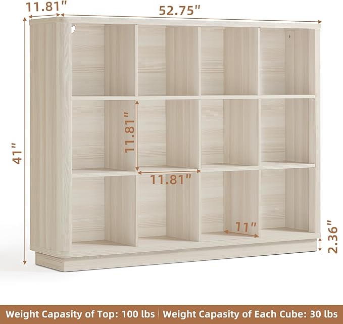 Joaxswe 12 Cube Storage Organizer, 41" Large Bookshelf with Curved Edge, Wood Floor Standing 3-Tier Cubby Bookcase w/Base, Mo
