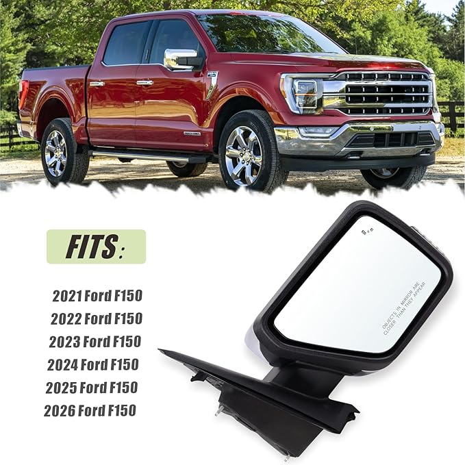 Right Passenger Side Door Mirror Compatible With 2021-2026 Ford F150 With Manual Folding Heated Blind Spot Turn Signal Light Puddle Light Temperature Sensors Chrome Replace#ML3Z17682SA(13Pins)