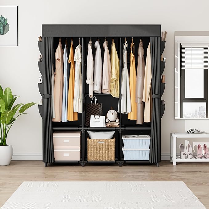 Wardrobe Closet Portable Closets for Hanging Clothes Large Capacity Clothes Rack with Cover, 3 Hanging Rods, 6 Shelves and 8 