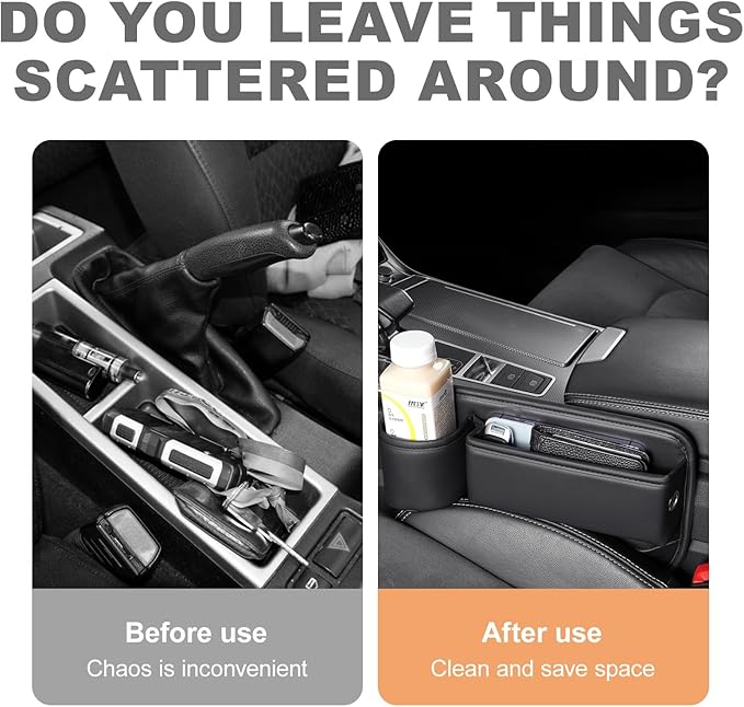 2Pcs Car Seat Gap Filler Organizer,Black Car Organizer with Cup Holder,Leather Car Seat Gap Plug with Storage Slot for Phones,Glasses,Keys,Cards