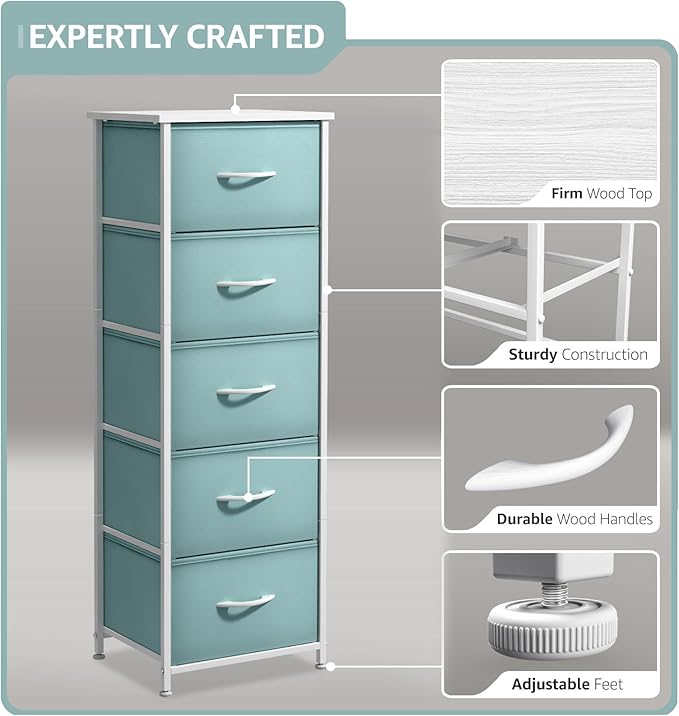 Sorbus Fabric Dresser for Kids Bedroom - Chest of 5 Drawers, Tall Storage Tower, Clothing Organizer, for Closet, for Playroom