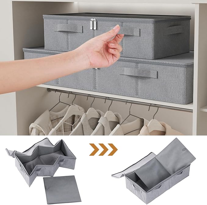 Underbed Storage Box, Foldable Under Bed Bins Container, Fabric Closet Organizer with Lid, for Clothes, Sheets, Blankets, 23.