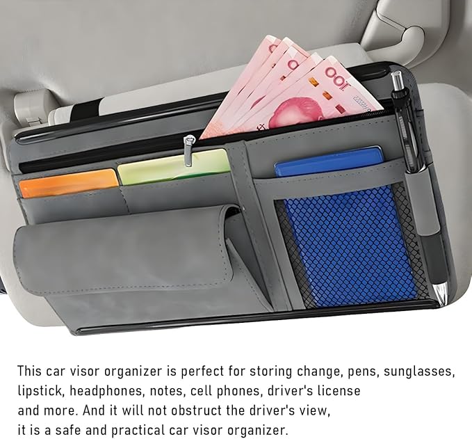 Car Sun Visor Organizer, Soft Leather Surface Eyeglasses Note Card Holder Car Storage Bag, Scratch-Resistant Waterproof Auto Sunshade Organizer Bag, Car Accessories (Gray)