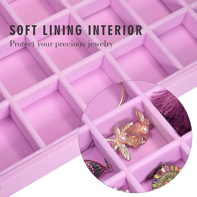 Siveit Velvet Jewelry Tray 48 Grid Jewelry Display Tray Organizer Box with Transparent Lid Rings Earrings Necklaces Pendants 