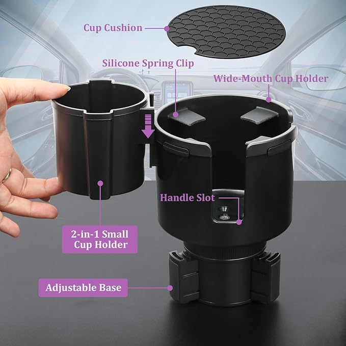 JINKEY 2 in 1 Cup Holder Expander, Extra Cup Holders Extender with Adjustable Car Cup Insert for Car Front Seat for Yeti，Hydroflask and Other Large Water Bottles & Mugs in 3.74"-4.25"(10-46 Oz)