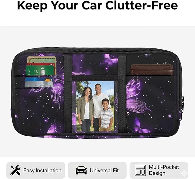Butterfly Car Sun Visor Organizer Zipper with Picture Holder Tech Pouch Accessories Carry Storage with Multi-Pocket and Adjustable Straps Easy Installation Universal Fit for Most Cars SUV