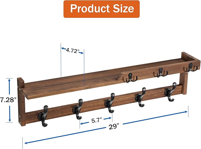 29'' Coat Rack Wall Mount with Shelf, Coat Hanger Wall Mount with Key Hooks and Mail Holder, Wood Entryway Floating Shelf wit