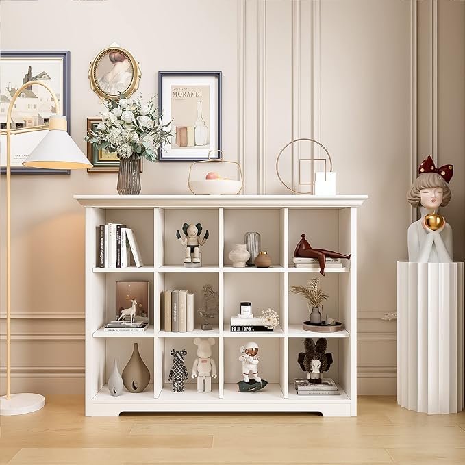 OSCHF Wooden Cube Bookcase with Base - Modern 3 Tiers Floor Standing Open Shelf Cabinet for Home and Office, 12-Cube Lattice 