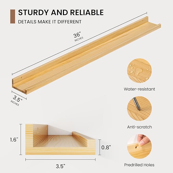Picture Ledge Shelf, Solid Pine Wood Floating Shelves Set of 2, 36 Inches Nursery Book Shelves for Toys Storage, Kids Bookshe