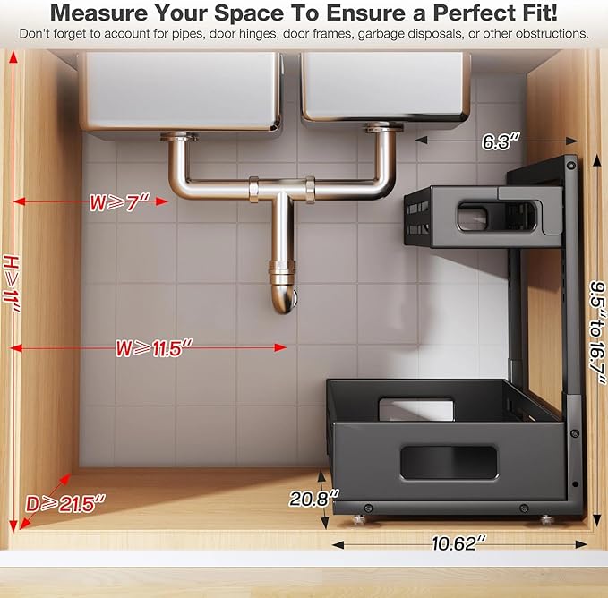 2 Pack 21IN-Depth Under Sink Organizer,Pull Out Cabinet Organizer With Smooth Cylindrical Rail,Metal Slide Out Drawer for Kit