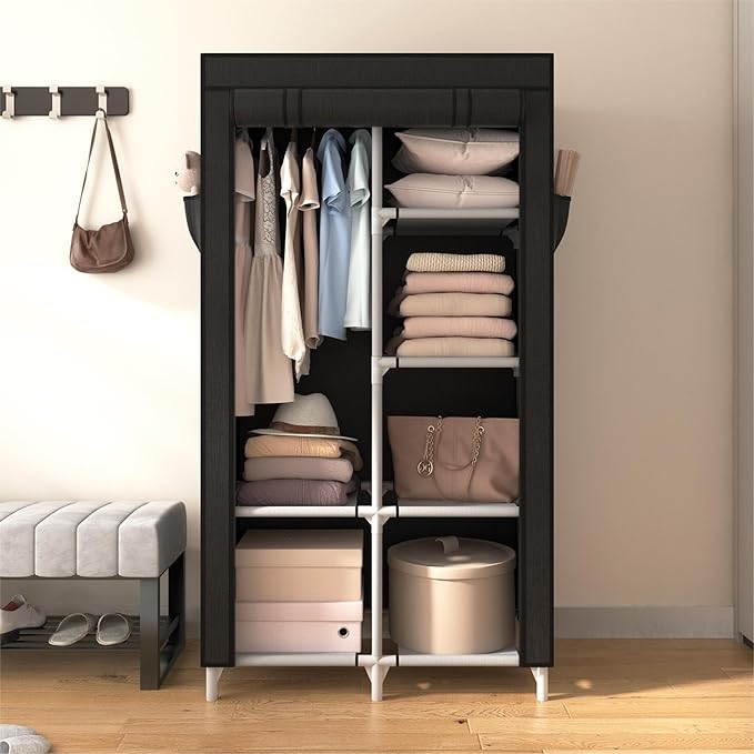 ROJASOP Portable Closet Wardrobe Closet for Hanging Clothes with 6 Storage Shelves, 1 Hanging Rod and 4 Pockets, Free Standin