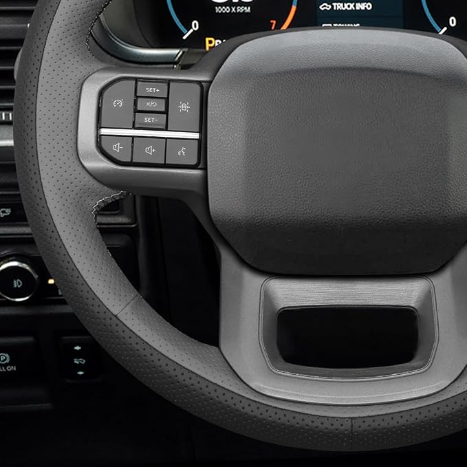 MEWANT Hand Stitch Black Grey Artificial Leather Steering Wheel Cover for Ford F150 Lightning F350 2024 Expedition