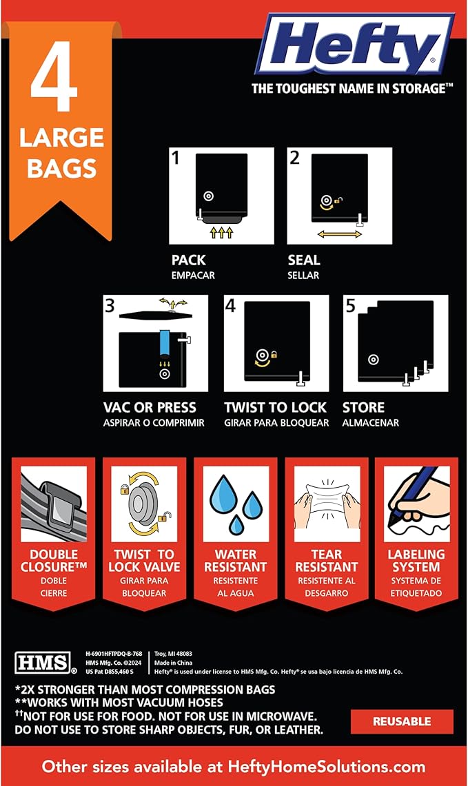Hefty MAX Shrink-Pak Vacuum Seal Storage Bags for Clothing, Travel, Bedding | Tear & Water Resistant, Dual-Valve Space Saver 