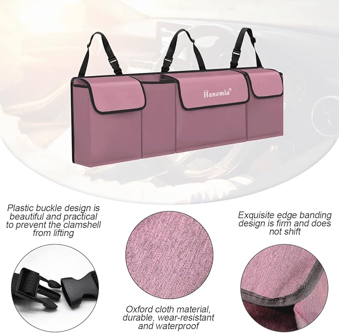 Hanemia Car Trunk Organizer, Backseat Hanging Storage with 4 Large Pockets, Collapsible Cargo Bag with Adjustable Straps