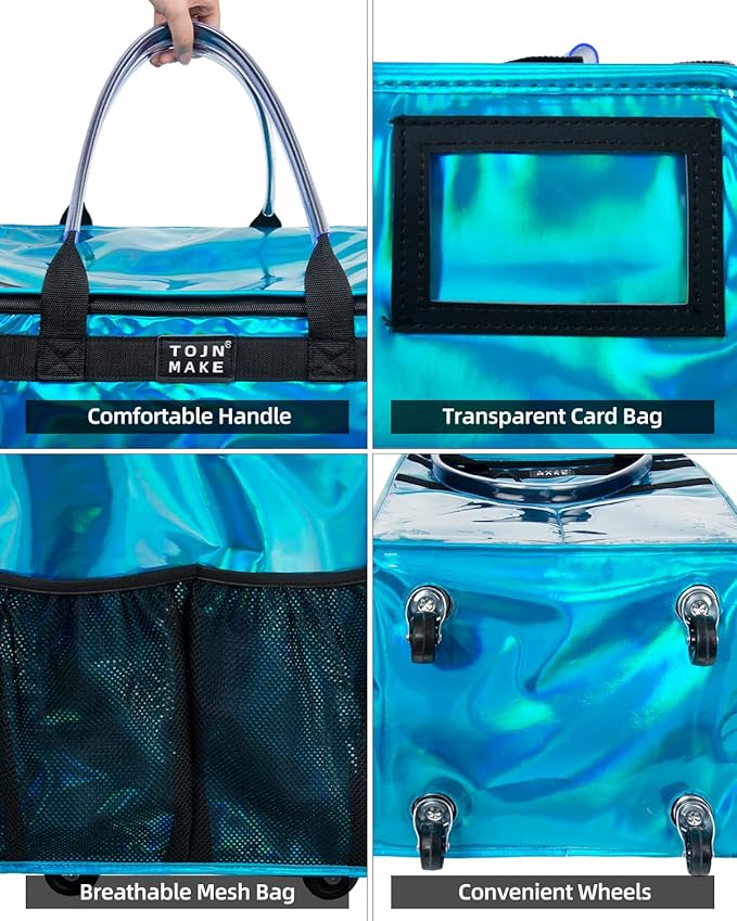 Reusable Grocery Bag with Wheels, Shopping Trolley with 8 Pockets and Zipper Cover Foldable Rolling Tote for Women, Kitchen, Travel, Carries Up to 66LBS (Large, Glitter Blue)