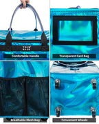 Reusable Grocery Bag with Wheels, Shopping Trolley with 8 Pockets and Zipper Cover Foldable Rolling Tote for Women, Kitchen, Travel, Carries Up to 66LBS (Large, Glitter Blue)