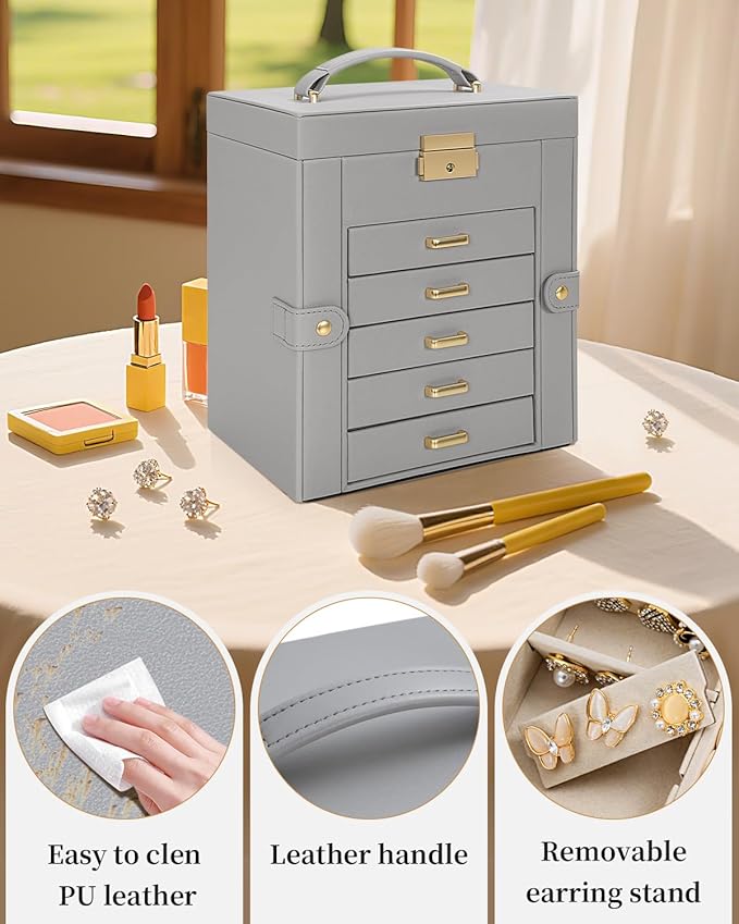 TORIBIO Large Jewelry Box for Women, Leather Jewelry Organizer with Mirror & Lock, 6-Tier Jewelry Storage Case for Girls/Wome