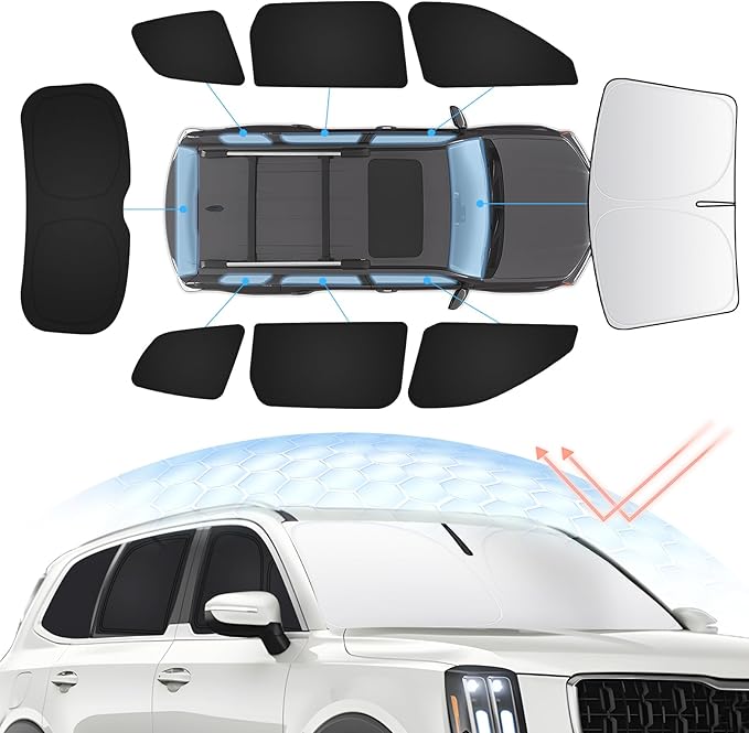 Sunsdrew 8PCS Windshield Sun Shade Kit for Kia Telluride 2020-2025 Full Privacy Side Rear Window Shade Cover Foldable Sun Visor Protector Blocks UV&Heat Telluride Interior Accessories