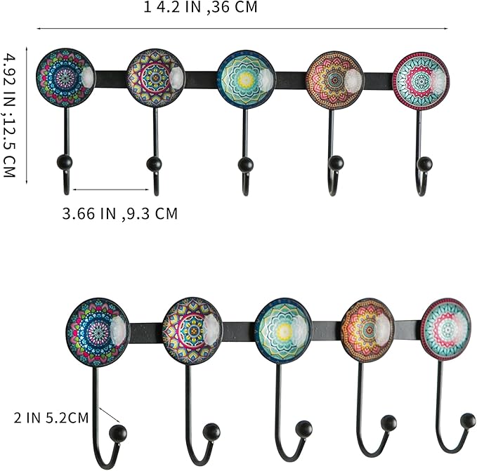 Boho Coat Rack Wall Mounted with 5 Hooks, Multi-Color Mandala Pattern Decorative Wall Hooks for Hanging Hat, Key, Towel, Purs