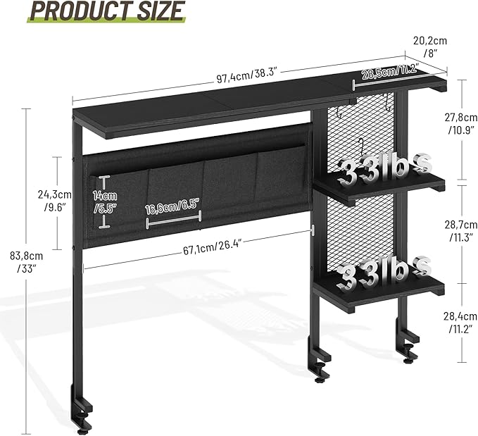 Clamp on Desk Shelf with Pegboard, Above Desk 3-Tier Extender Shelf, Desktop Bookshelf with Hooks, Desktop Organizer for Offi