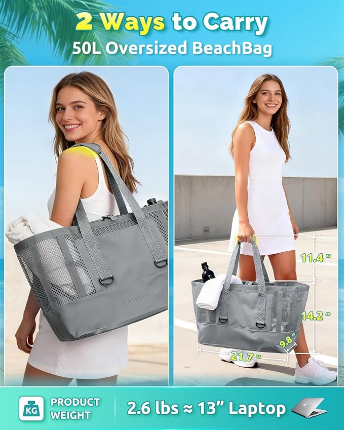Large Mesh Beach Tote Bag - 50L Pool Bags with 2 Inner Zipper Waterproof Pockets for Swim Toys Towels Travel