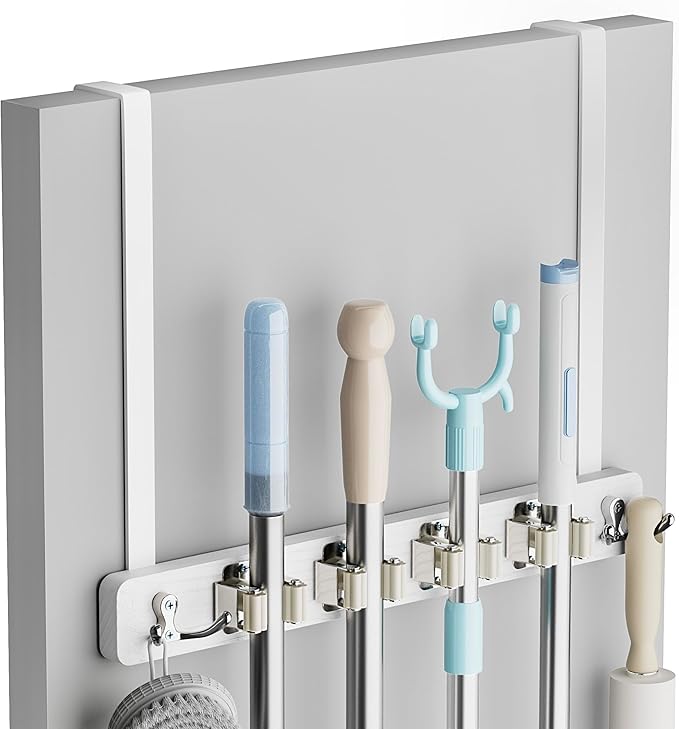 Lorbro Broom Holder Door Mount, Over the Door Broom and Mop Holder with 2 Over Door Hooks, Wood Broom Hanger, Tool Rack Organ