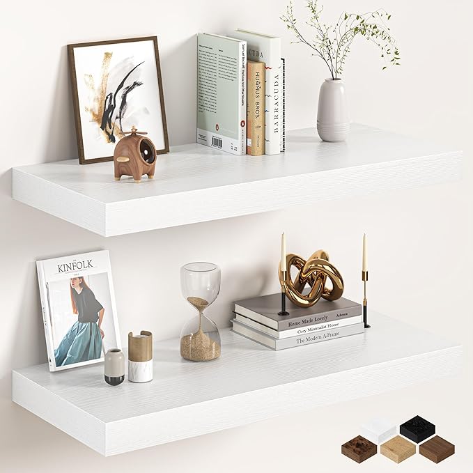 32Inch White Floating Shelves for Wall, 12 Inch Deep Shelves for Bedroom, Kitchen, Bathroom Wall Mounted, Rustic Wood Floatin