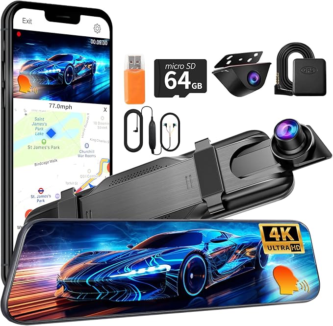 Mirror Dual Dash Camera,4K and 2.5K Dash Cam with Voice Control Rear View Mirror Camera and WiFi,GPS Dashcam for Cars with WD