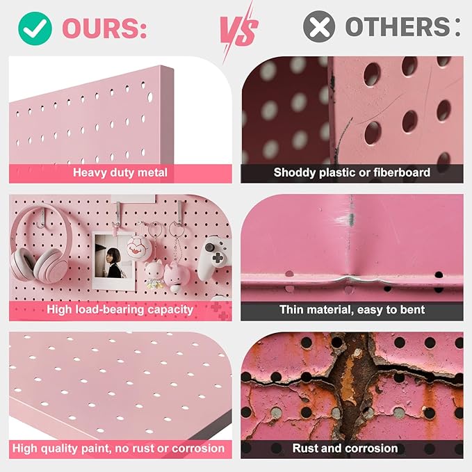 Peg Board, 4 Pack Metal Pegboard Panels Pink Pegboards Wall Organizer with Frame Large Heavy Duty Peg Board with Hooks for Wa
