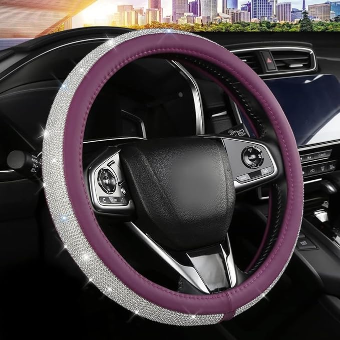 Bling Diamond Leather Steering Wheel Cover, Purple Steering Wheel Covers for Women Girls with Crystal Rhinestones, Universal Fit 14.5"-15" Car Steering Wheel Bling Cover Accessories