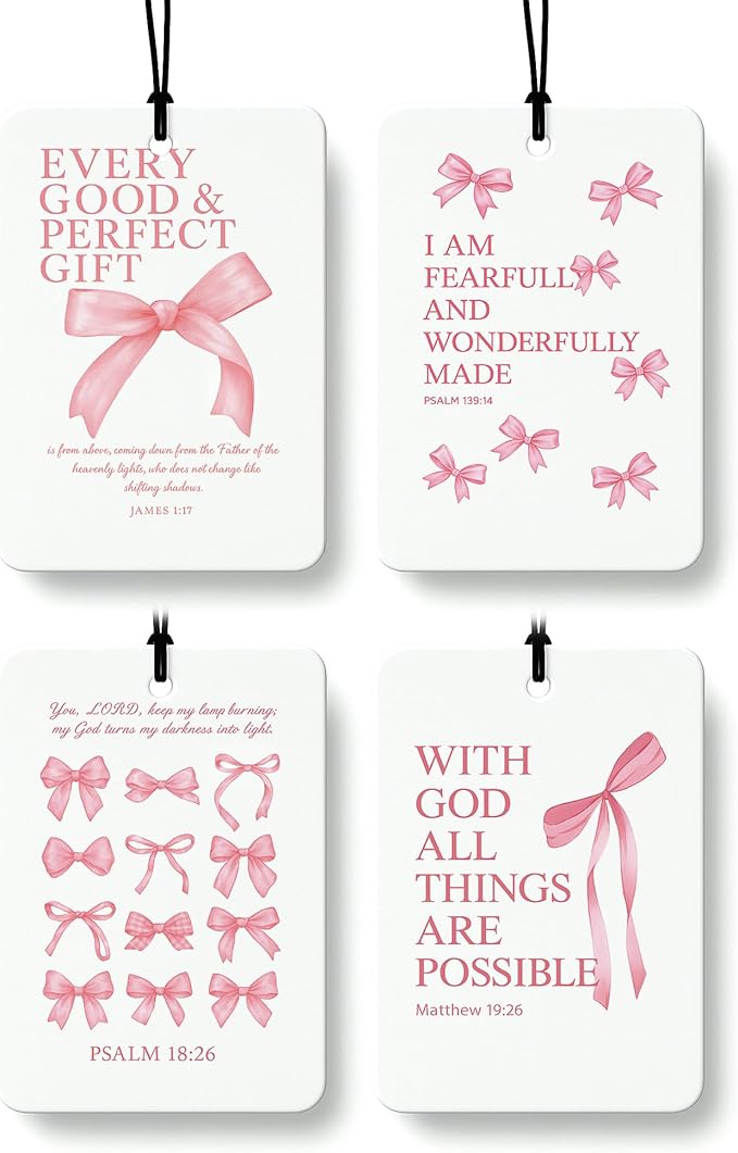 Pink Christian Car Air Freshener 4 Pcs, Coquette Bow Inspirational Religious Hanging Air Freshener for Cars Closet Drawer Boo